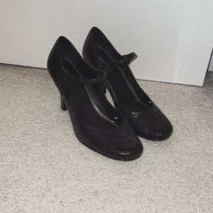 Style & Co. Leather Heels- Black with strap, decorative cutouts, 3 in heel